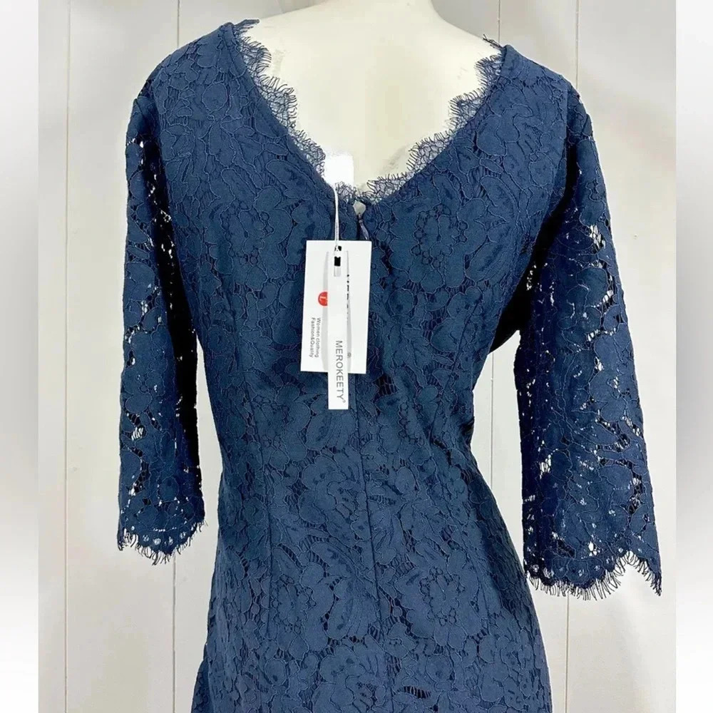 MEROKEETY 3/4 Sleeve Lace Floral Cocktail Dress navy blue sz L (12) - Picture 6 of 8